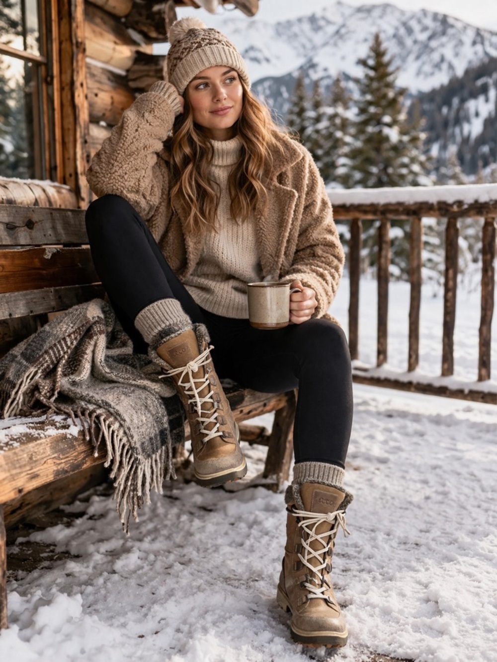 ECCO Tan Leather Lace-Up Winter Boots Fur Lined Waterproof Hiking Size 40